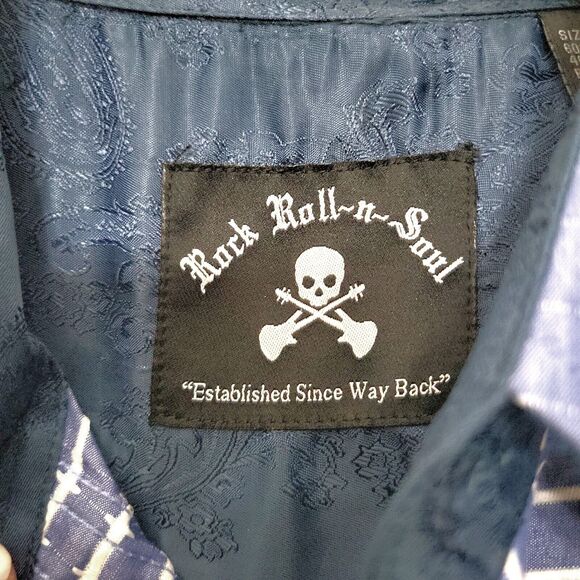 Rock Roll N Soul Shirt Men Large Blue White Button Flip Cuff Embroidered Striped - Picture 10 of 11